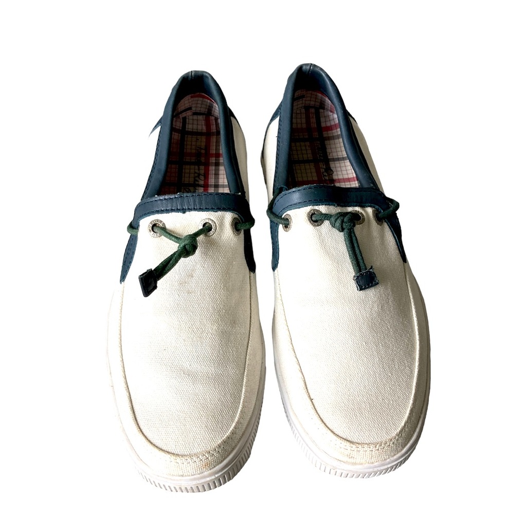 True Religion Canvas Slip-On Boat Shoes Deck Dock Sport White Blue Trim Sz 8